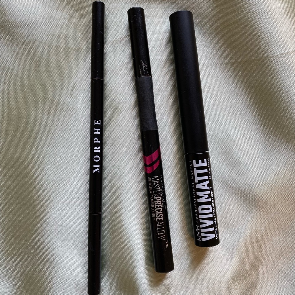 2 liquid eyeliners by NYX and maybelline and 1 eyebrow pencil by MORPHE